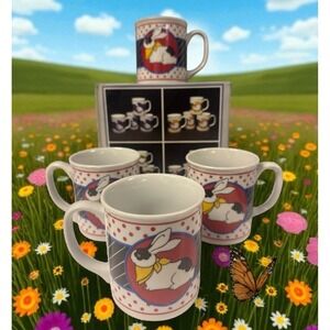Set Of 4 VTG Bunny Rabbit Mugs With Yellow Scarf Red Dots‎  12 OZ